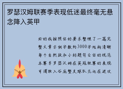 罗瑟汉姆联赛季表现低迷最终毫无悬念降入英甲